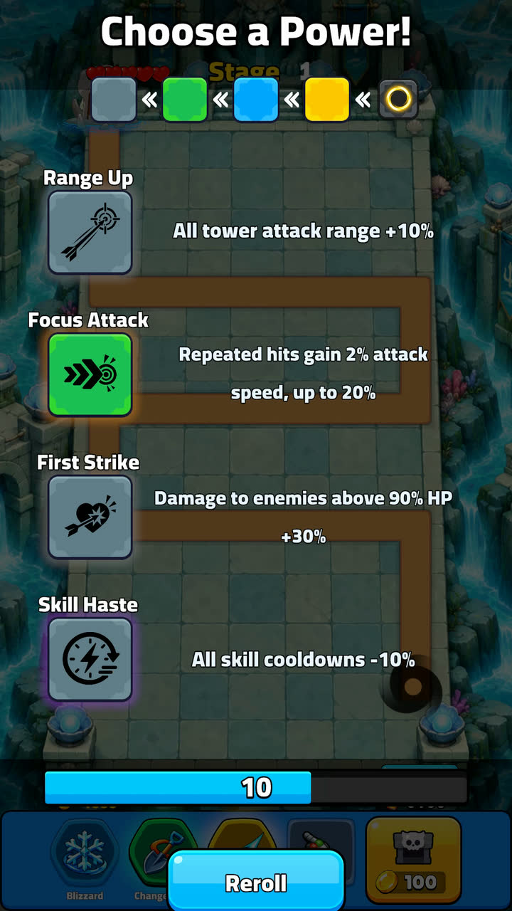 Power choice screen — range, attack speed, attack and boss damage